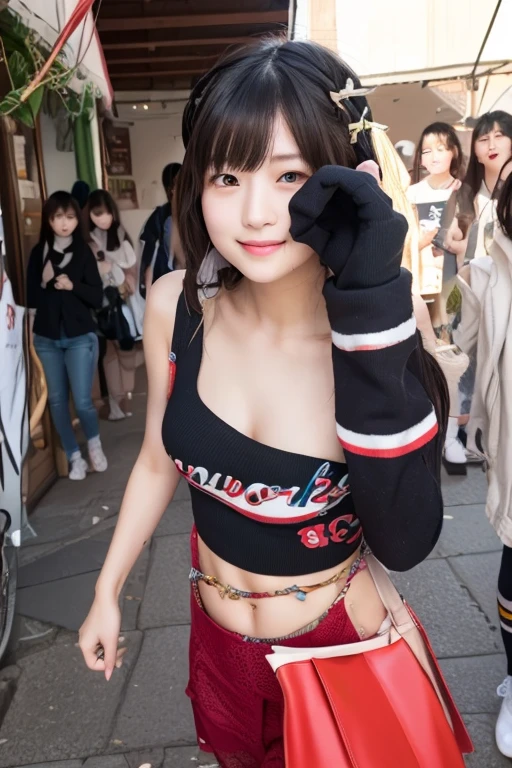 a bikini girl on street, black bikini, leg strap, cropped hoodie, black bikini, long sleeves, detailed face, beautiful eyes, beautiful lips, cleavage, smiling, night street, no bag, (RAW photos, top quality, realistic, photorealistic: 1.3, professional lighting, masterpiece, very delicate and beautiful, highly detailed, CG, unity, fine details, highly detailed 8k wallpaper, huge file size, super detail, high resolution) 
