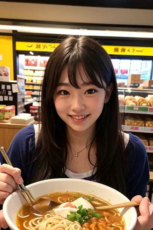 Super cute Japanese girl、Girl eating a bucket-sized pudding at a cafe、smile