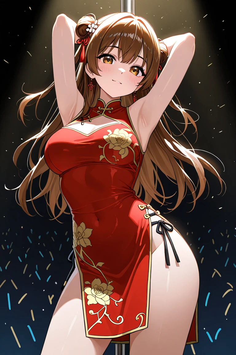 Absurd Resolution, High Definition, (Masterpiece:1.4), Ultra Detail, One Girl, From Top, Space, Floating, Red Cheongsam, Red Dress, Black Stockings, Light Brown Hair, Gold Eyes, Hands From Frame,Naked