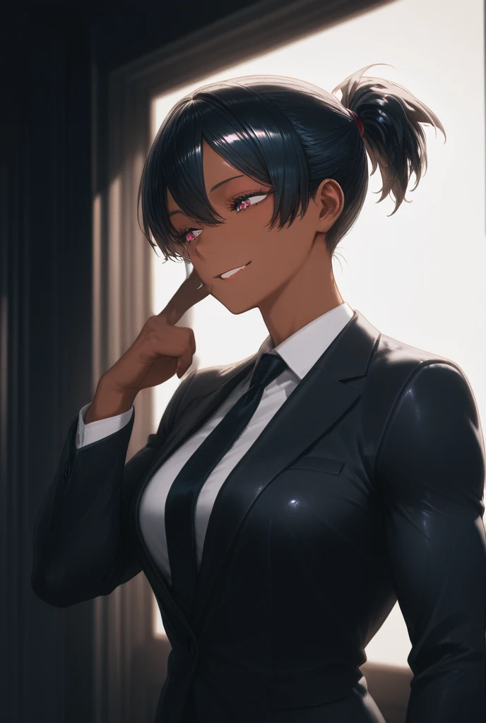 furry raccoon, 1girl, solo, raccoon ears, two-tone hair, (high quality), high-res, (digital painting), (8k), animal nose, black suit, white shirt, necktie, breasts