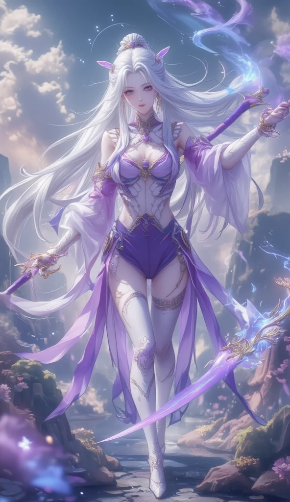 A dynamic and vibrant illustration features a character with long, flowing silver hair and captivating purple eyes. They wear an elaborate outfit with intricate designs, combining metallic armor elements and ethereal fabrics. The character is surrounded by swirling, glowing purple energy, giving a sense of power and mysticism. They strike a confident pose, with one arm resting on their hip and the other raised, adorned with a large, ornate gauntlet. The background is abstract and dark, accentuating the bright, magical elements around the character. The overall scene exudes strength, elegance, and an aura of enchanting energy.