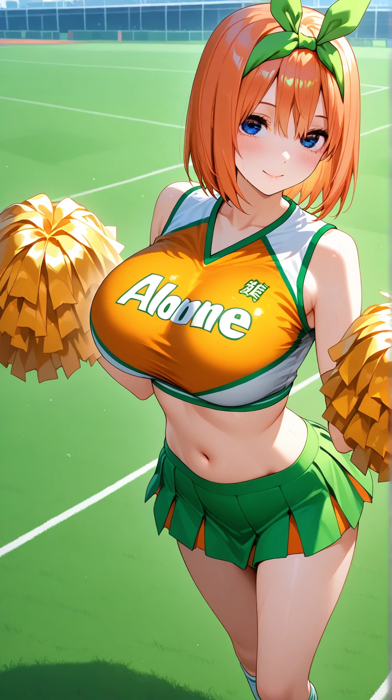 amicia michella - nijisanji, naime style 1girl, (((bimbo))), brown short hair, yellow inner hair, wavy hair, green eyes, (((bimbo))), thin lips, painted lips, midriff, shy smile face, wide hips, thick thighs, huge round ass, curvy accentuated booty, shiny oily breasts, cheerleading, cheerleader uniform, pom pom, full body, gym, nsfw