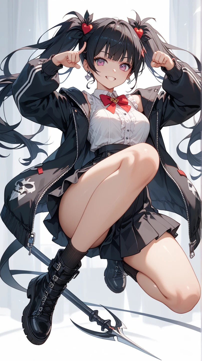 (8k、Best image quality、highest quality、masterpiece)、Detailed face、 One girl、Black Hair、Long Hair、Grey Eyes、evil smile、Small breasts、((serafuku))、Long sleeve、((Navy blue pleated skirt))、((skirt lift))、((frills panties:1.3))、Cowboy Shot、Shoot from below、Gym storeroom
