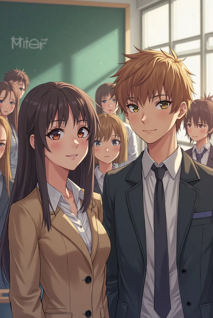 A brown-haired, black-eyed girl betting on the anime-style poker and card game while standing with gambling men by her side
