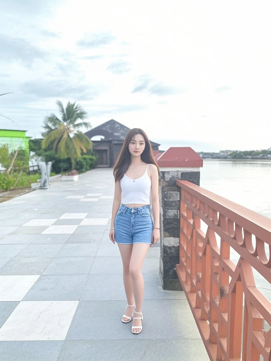  (masterpiece, top quality, best quality,1girls,Korean, beautiful face, smile, long hair, 19 years old, tank top, shorts, White shoes, hills, full body view, sunset，