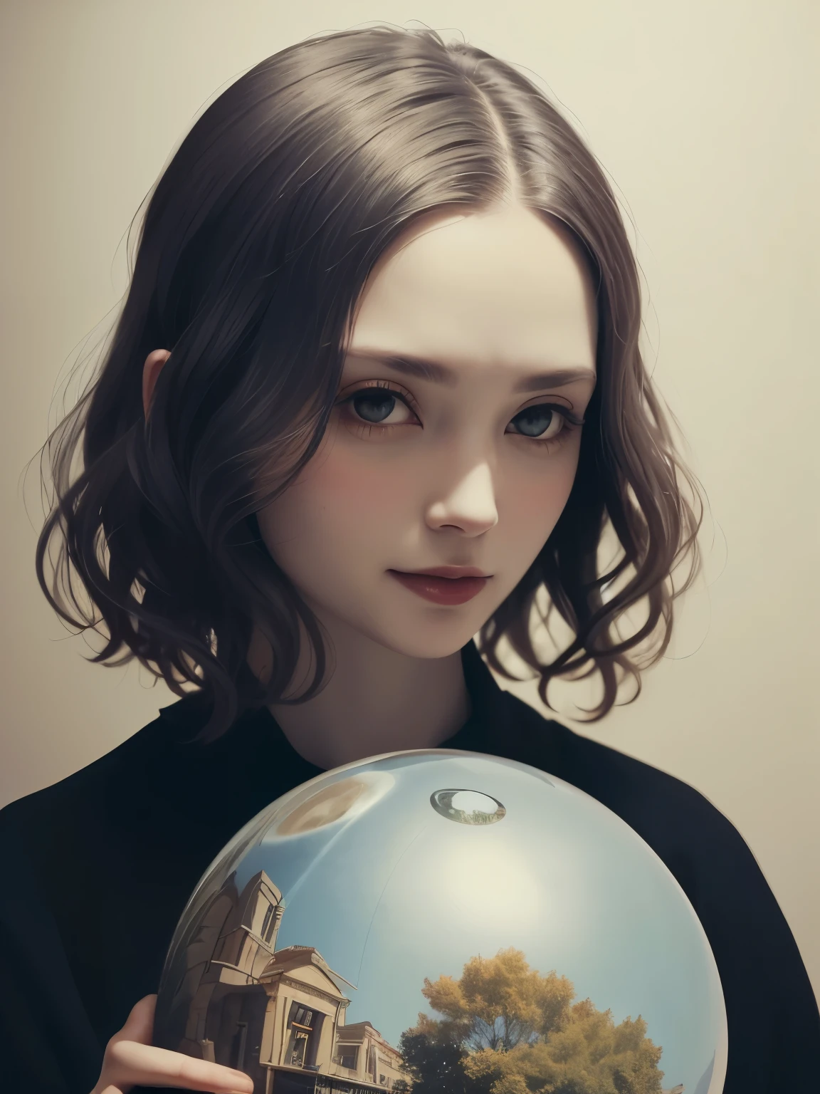 383 (20 year old woman),(short hair),(gentle smile),(high quality photos),( cinematic pictures playing on the lawn ),(colorful),(Crystal Ball),((contrast between light and shade)) ,(Da Vinci )