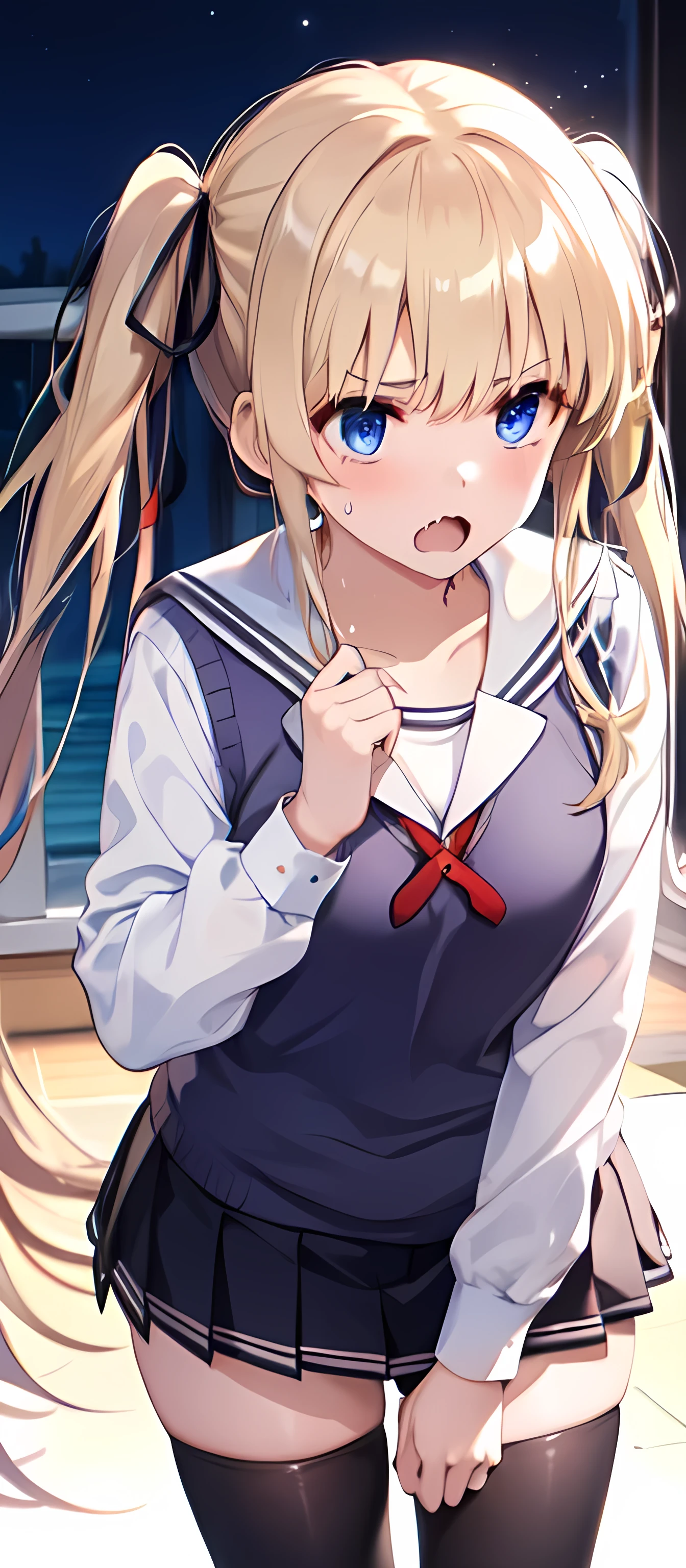 Masterpiece, best quality, 1girl, solo, aaeriri, long hair, twintails, hair ribbon, fang, school uniform, sailor collar, white shirt, sweater vest, long sleeves, pleated skirt, black skirt, black thighhighs, one hand on Chest, (leaning forward:0.8), Sweat beads, fear, Classroom, night, Dim environment