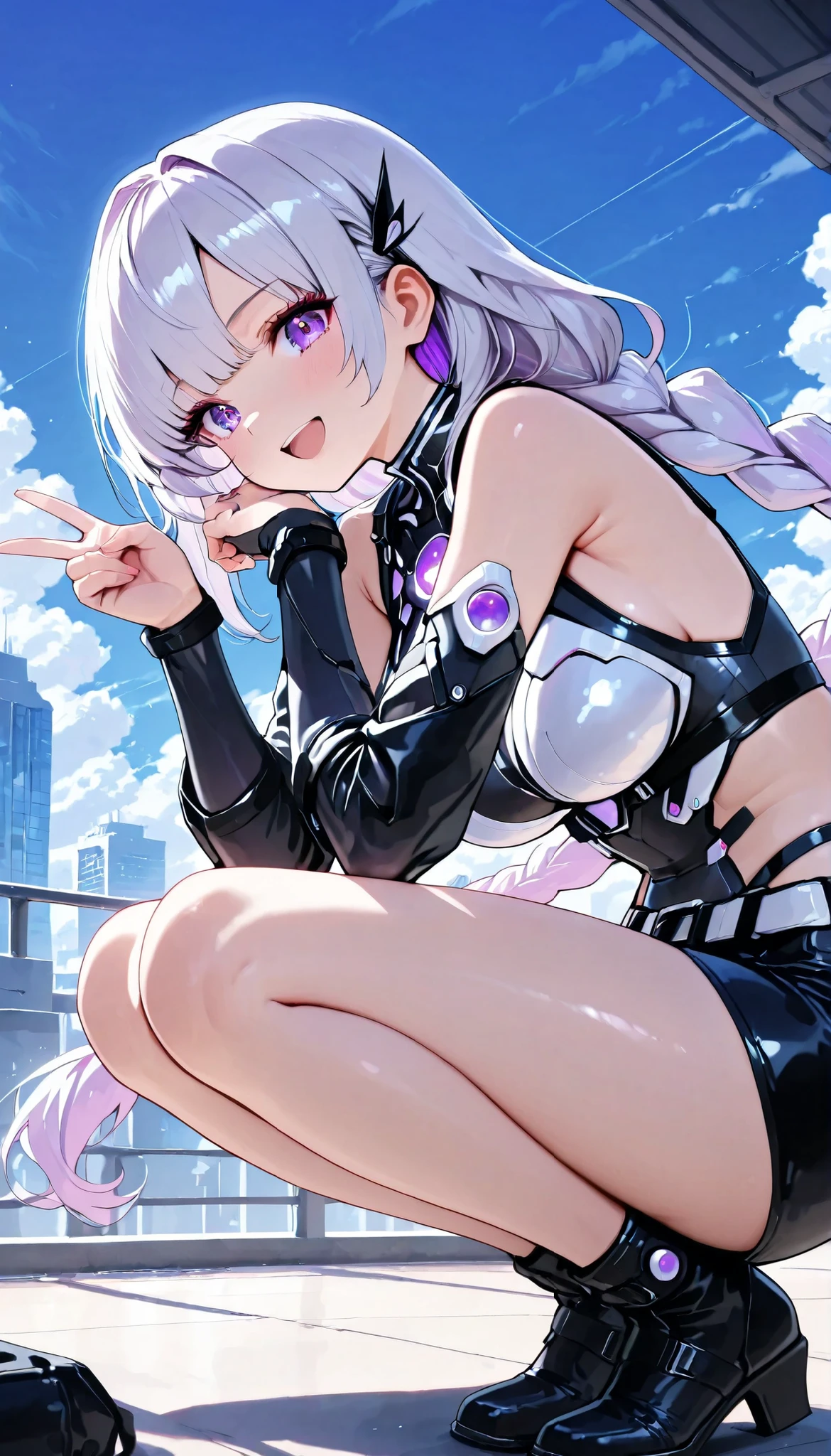 Skyscraper Rooftop, Asahi, clear blue sky ,Beautiful morning scene, calm, High Quality,4K,Professional,Extreme Details,Immersive,anime style, cowboy shot, cybersuit, laugh, v sign, squatting, squatting開脚, cryptic girl, silver-haired:1.2, purple inner color, Long hair braided, loose braid , black and white hair accessories:1.2, dark purple bangs :1.1, asymmetrical bang )), purple eyes, cybersuit, Broken Sleeves , Belt connecting left and right sleeves, miniskirt, Beautiful Thighs.