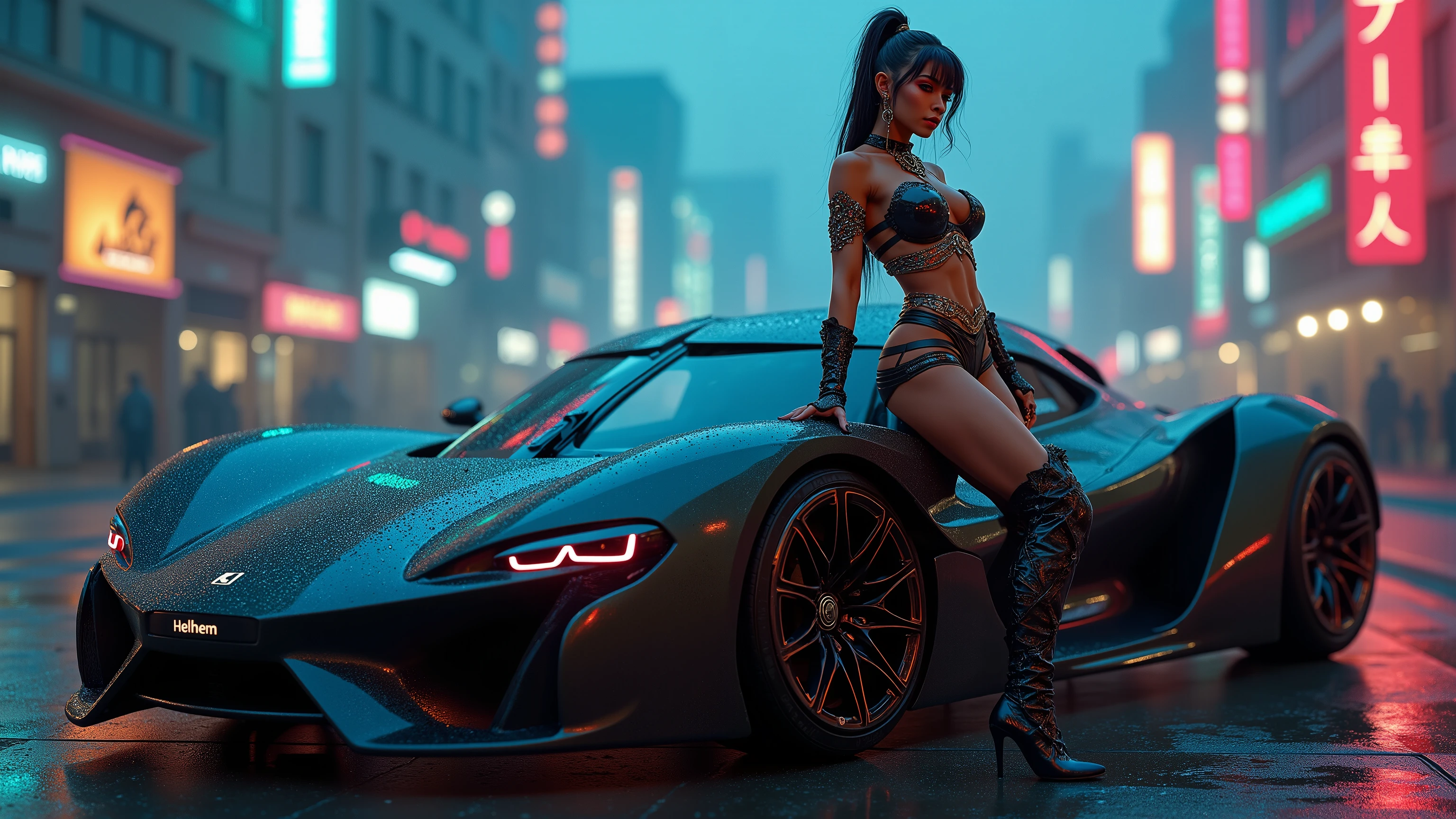 (aerial view, a flying car is speeding through a very dark abandoned futuristic city), rainy night. (((1girl, solo, alone))), large-breast:1.2 slim body, cleavage:1.1, sexy mechanic suit, ((headphone, black sunglasses, standing and holding pistol dynamic pose)), (((((half-body thigh level medium shot))))), cinematic lighting, lens flare, ray tracing.