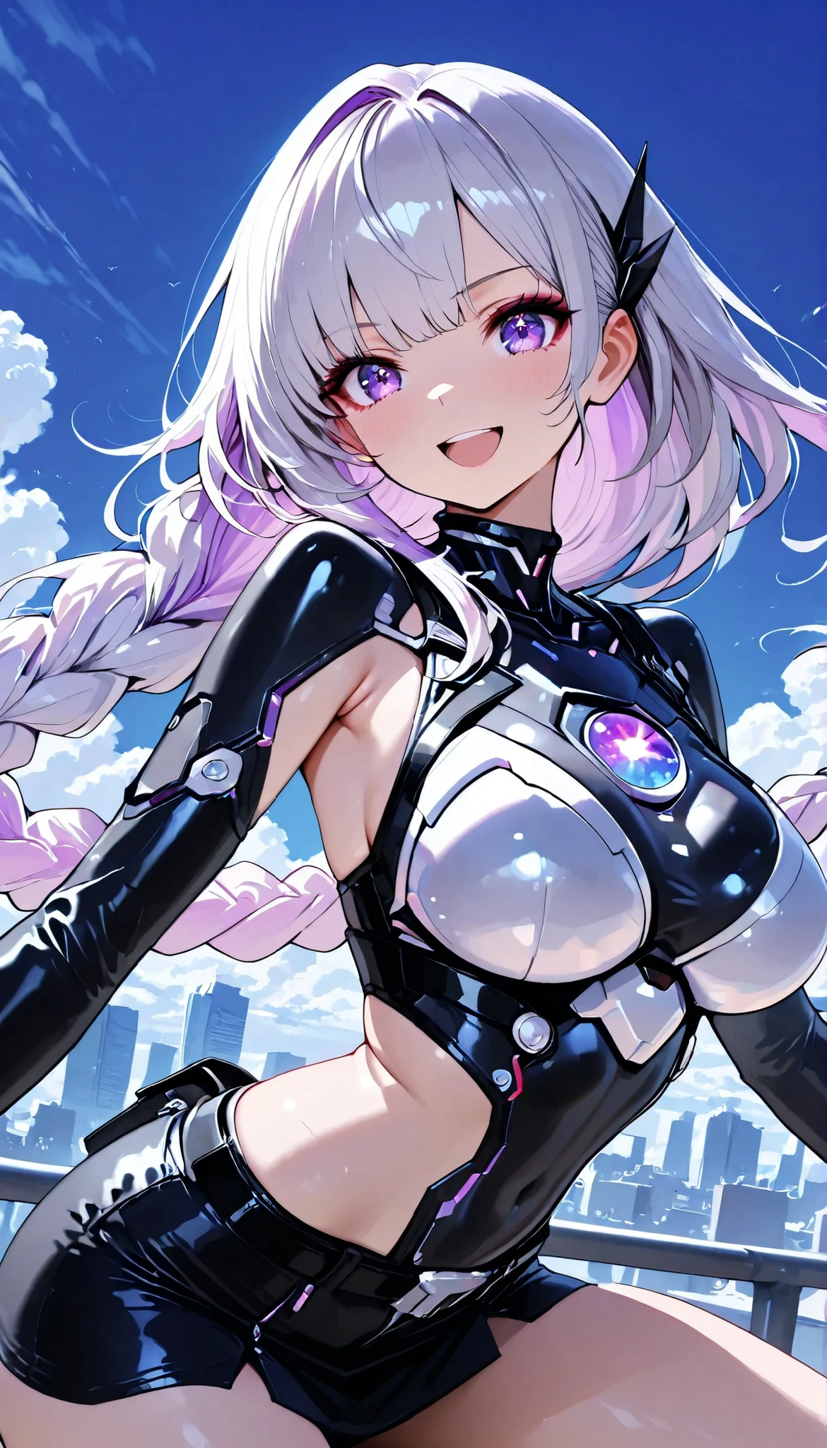 Skyscraper Rooftop, Asahi, clear blue sky ,Beautiful morning scene, calm, High Quality,4K,Professional,Extreme Details,Immersive,anime style, cowboy shot, cybersuit, laugh, v sign, squatting, squatting開脚, cryptic girl, silver-haired:1.2, purple inner color, Long hair braided, loose braid , black and white hair accessories:1.2, dark purple bangs :1.1, asymmetrical bang )), purple eyes, cybersuit, Broken Sleeves , Belt connecting left and right sleeves, miniskirt, Beautiful Thighs.