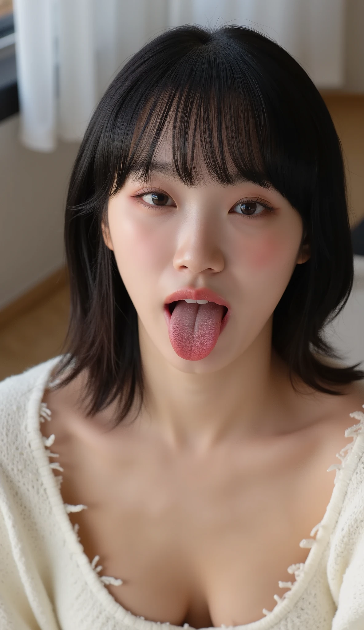 A picture of me sitting on the floor by the window and sticking out my tongue、(a lot of milk is spilling out of my mouth and dripping)、(Angle selfie from above)、((One-sided medium hair with beautiful black waves on one ear))、perfect style、Gestures that accentuate breasts 、((An erotic expression with her eyes closed and her tongue sticking out))、 beautiful décolletage、Beautiful armpits、Breast、 beautiful white wet skin and hair, Light makeup、 Beautiful pale eyes , nudist lips、I'm wearing an off-white off-shoulder shaggy knit mini dress、fine details and small embellishments、 in white for summer very detailedな顔 , realistic skin and texture , Dramatic Lighting , White and glowing skin , , Cinematic Angle , ((The background is by the window of a stylish hotel bedroom with large windows that let in the dim sunset))、and the flashes of the sunset accentuate her hair and silhouette、Romantic and fantastic atmosphere、chiaroscuro lighting、 Warm shade palette , sensual vibe、masterpiece, anatomically correct, Ultra-fine, textured skin, accurate, has won many awards, High Details, high quality, in white for summer very detailed,