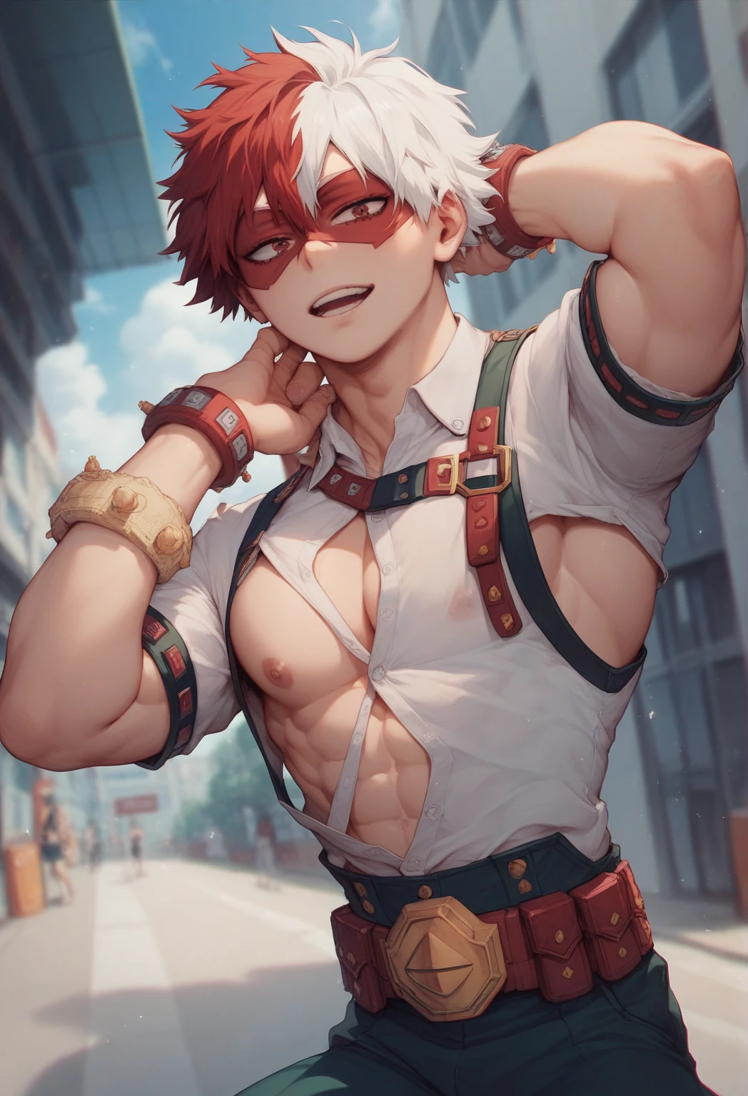 Bakugou Katsuki standing shirtless by a pole sweating heavily in a living room. Looking at the viewer. Shirtless, red panty with bulge, holding red and white balloons, (balloons:1.5) (red panties:1.5) tied breasts BDSM chained up bondage on chest BDSM