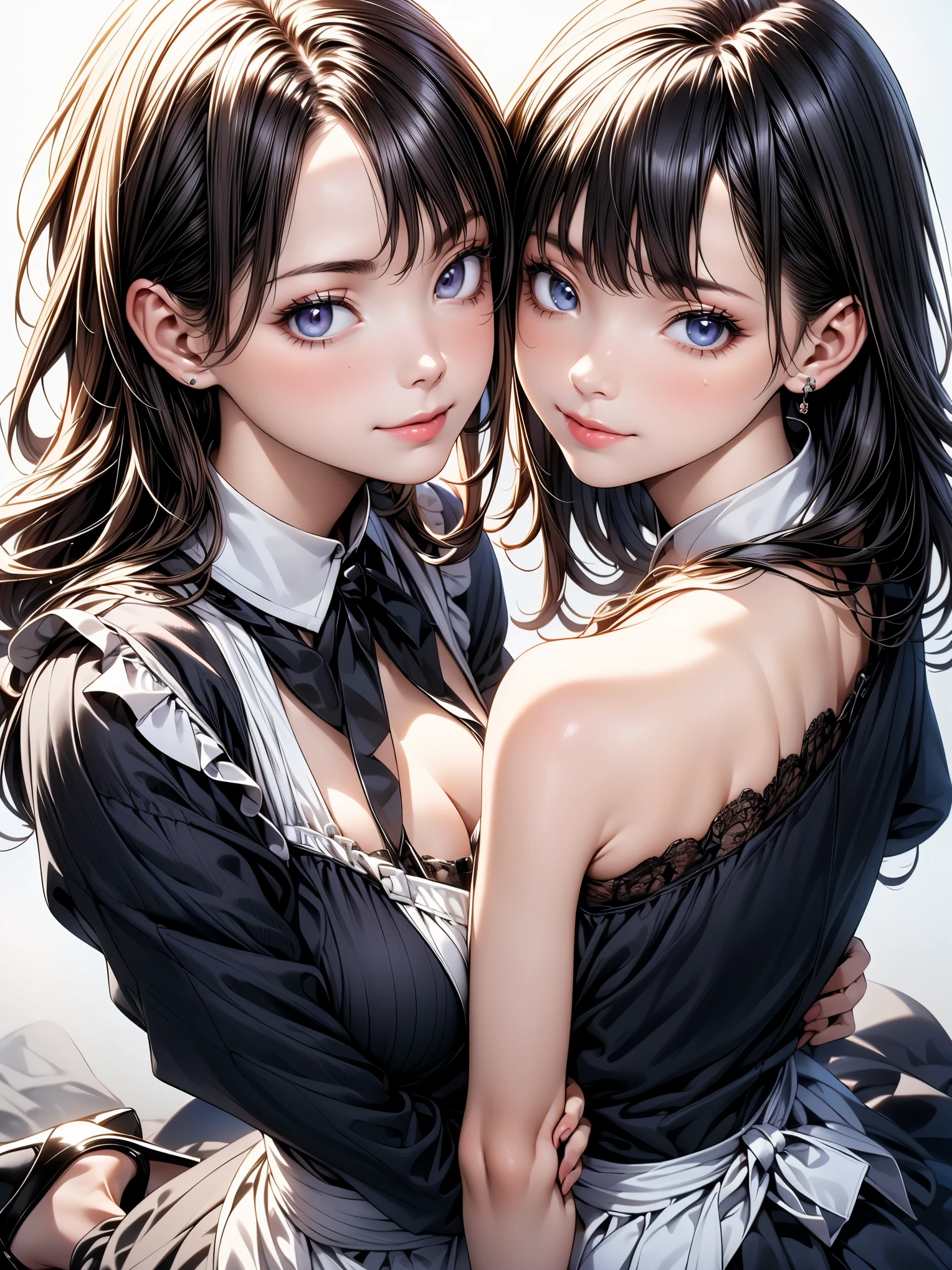 table top, highest quality, 8K, two girls、 (close up of face), (2 girls), (Hug each other and put your cheeks together)、 (Touching cheek to cheek:1.4),, (Big eyes)、Big eyes shining in beautiful pale blue, ((looking at the viewer), Medium chest, tear bag、soft ray、 beautiful girl、arm behind body, armpit, unparalleled beauty、(laughter:1.3)、((open your mouth)), silky shiny skin、Pure white beautiful skin、big breasts((Upper body)), futuristic see-through dress、shiny silky black hair, wavy hair, , (smile:1.3)、Cute girl with the most beautiful face in the world、 ( close up of face), (Angle from the front), Flowers of all kinds々surrounded by、(rub your cheeks), drooling