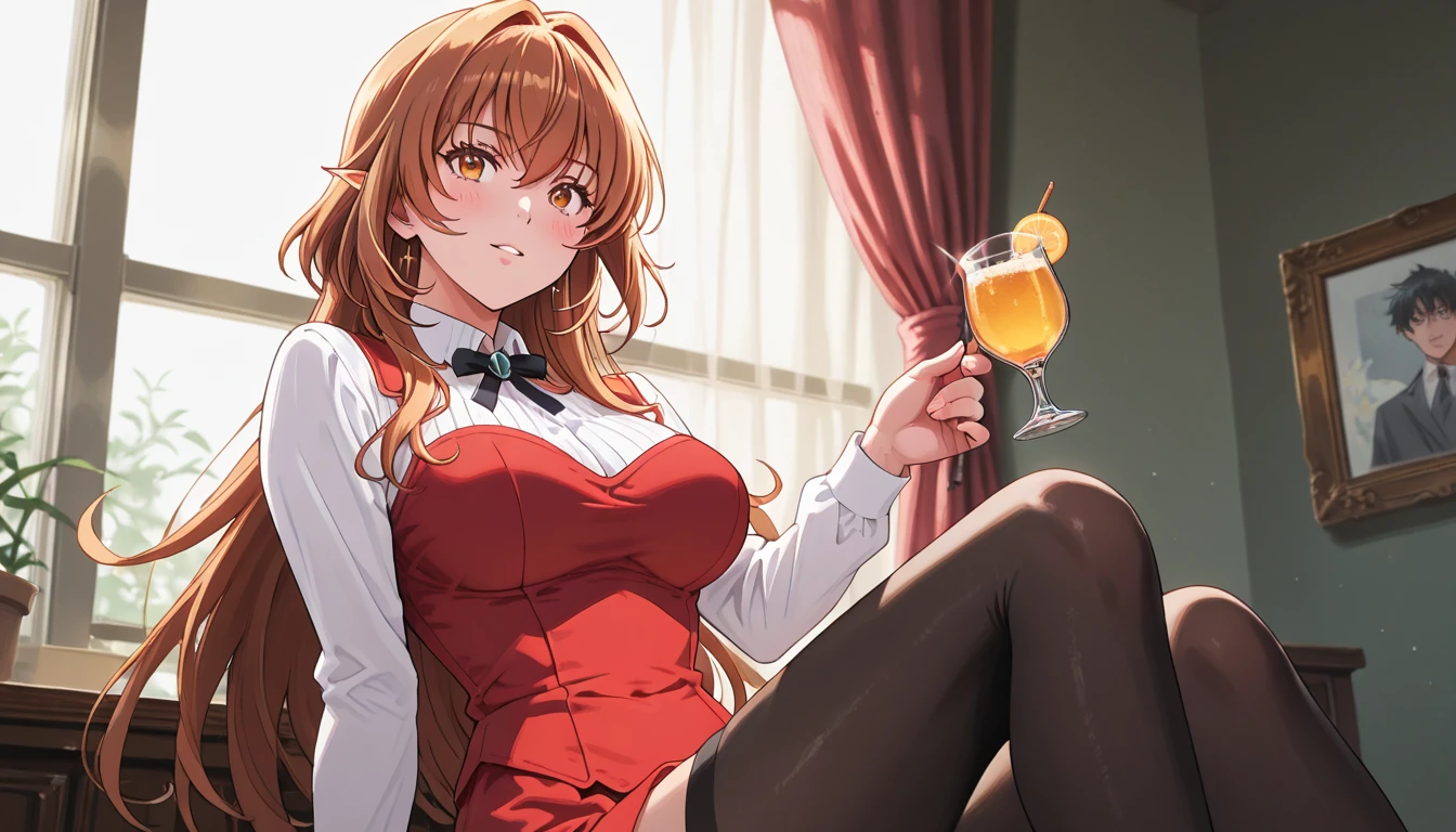 Kousaka honoka, white shirt, leotard, pantyhose,red necktie, black jacket , breasts,long hair , twintails , rabbit ears, energetic smile,in bar