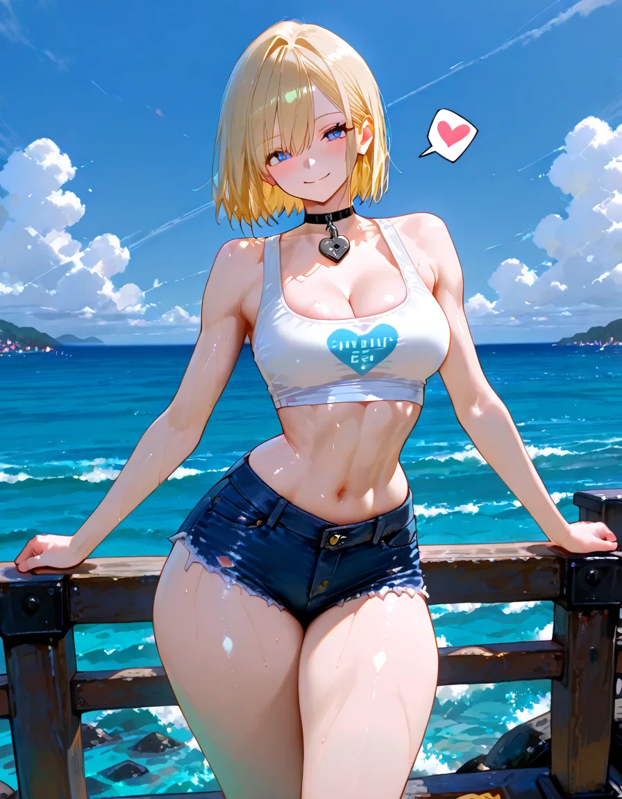 (8K、Highest quality、Highest quality、masterpiece)、Detailed face、One Girl、(Brown Skin:1.2)、Long Hair、Red Eyes、Serious、(Red Tank Top、Denim hot shorts、Open Shorts、Unziped shorts、Mini jeans Shorts、No Panties、NoPanties、Spread pussy、heart cutout)、labia view、Beach、cloud、vagina、Pussy Lip、Wedgie between Pussy Lips、Big Breasts