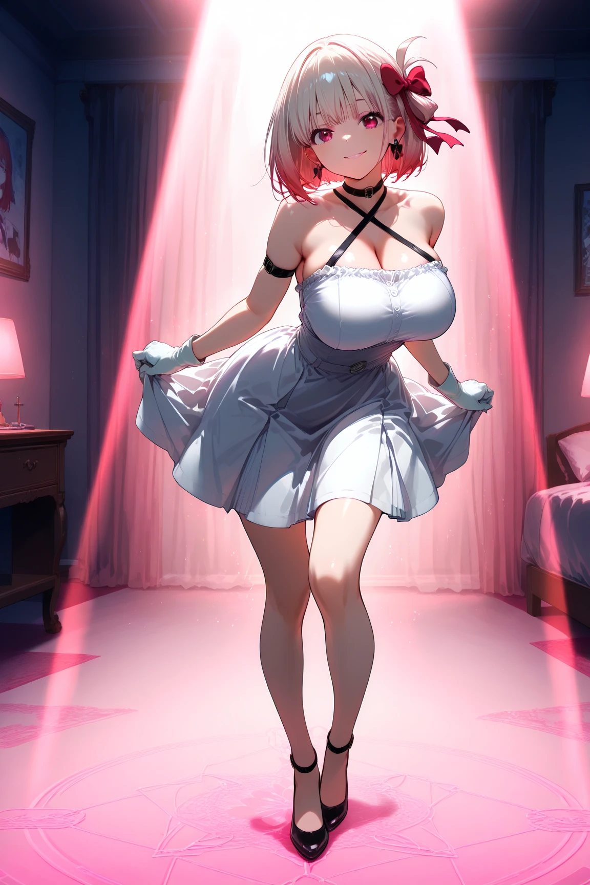 masutepiece、Best Quality、hight resolution、tre anatomically correct、((stage))、microphone、((live))、dance、white dres、Black ribbon at chest、a miniskirt、(Vibrant colors：1.2)、(​masterpiece：2.0)、onepiece、Uta、blanche、left red hair、right gray hair、Not wearing pants、divine spirit、Flushed cheeks、a smile、Beautiful girl in every detail、Body shining with sweat、Wet、Seductive thighs、sexy  pose、Hair above one eye、(frombelow:1.5)、Pussy、Female genitals、vaginal、Intravaginal、Expansion、You can see inside the skirt、((Female genital exposure))、Lit up、(pointy tits:1.6)