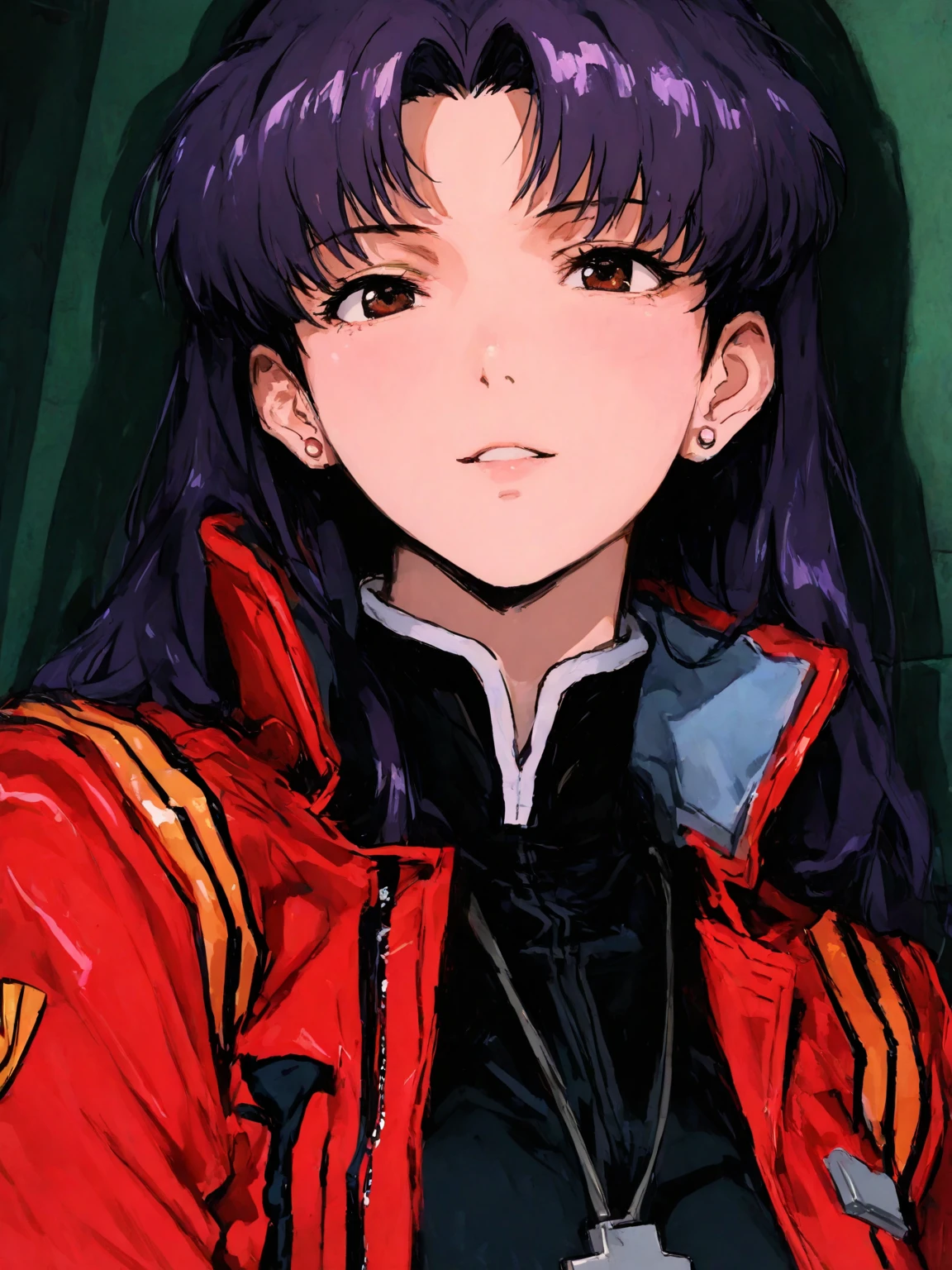 1 Female, clothing: black bodycon,Mid-breasted、 Short tight black dress, (((Brown eyes))), Purple Hair, Medium Hair, Laughter, Cross Necklace, expensive, The body is slim, (Hmph), (((Misato katsuragi))), Nerve、Operation and control room, (((Front view))), View Viewer, Perfectly detailed face, Detailed hands and fingers, Masterpiece 1.1, Trending on Art Station, pixiv quality, (((Fine art:jaw))), Exquisitely crafted, Ultra Graphics, sfw version, (((Mature 1.1))), clothing: Jacker, Red jacket, Symmetrical face、