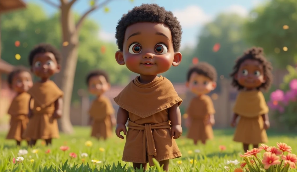 3d illustration of a baby , 1 year, dark-skinned, chubby cheeks, eyes browns, rosto comprido, salient head, few curly hairs, slight smile on your face, with clothes from biblical times, standing with leather sandals