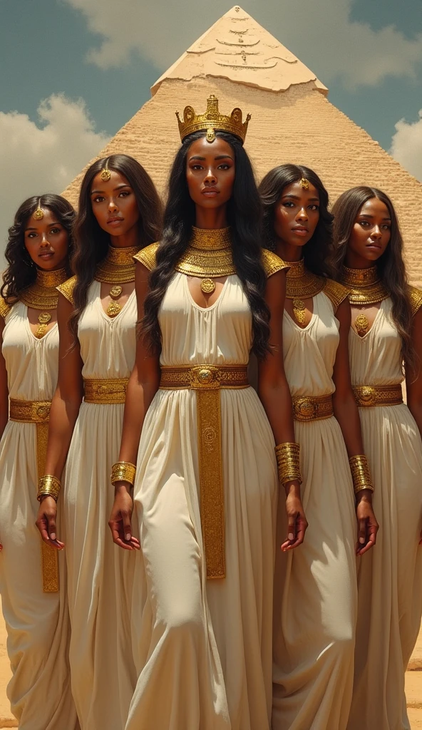 three women in egyptian costumes posing for a picture in a mirror, dark skin female goddess of love, !5 three eyed goddesses, kemetic, cinematic goddess shot, black african princess, cinematic goddess close shot, goddess portrait, epic 3 d oshun, goddess queen, three eyed goddesses, artgerm moody photography, afrocentric mysticism, triad of muses