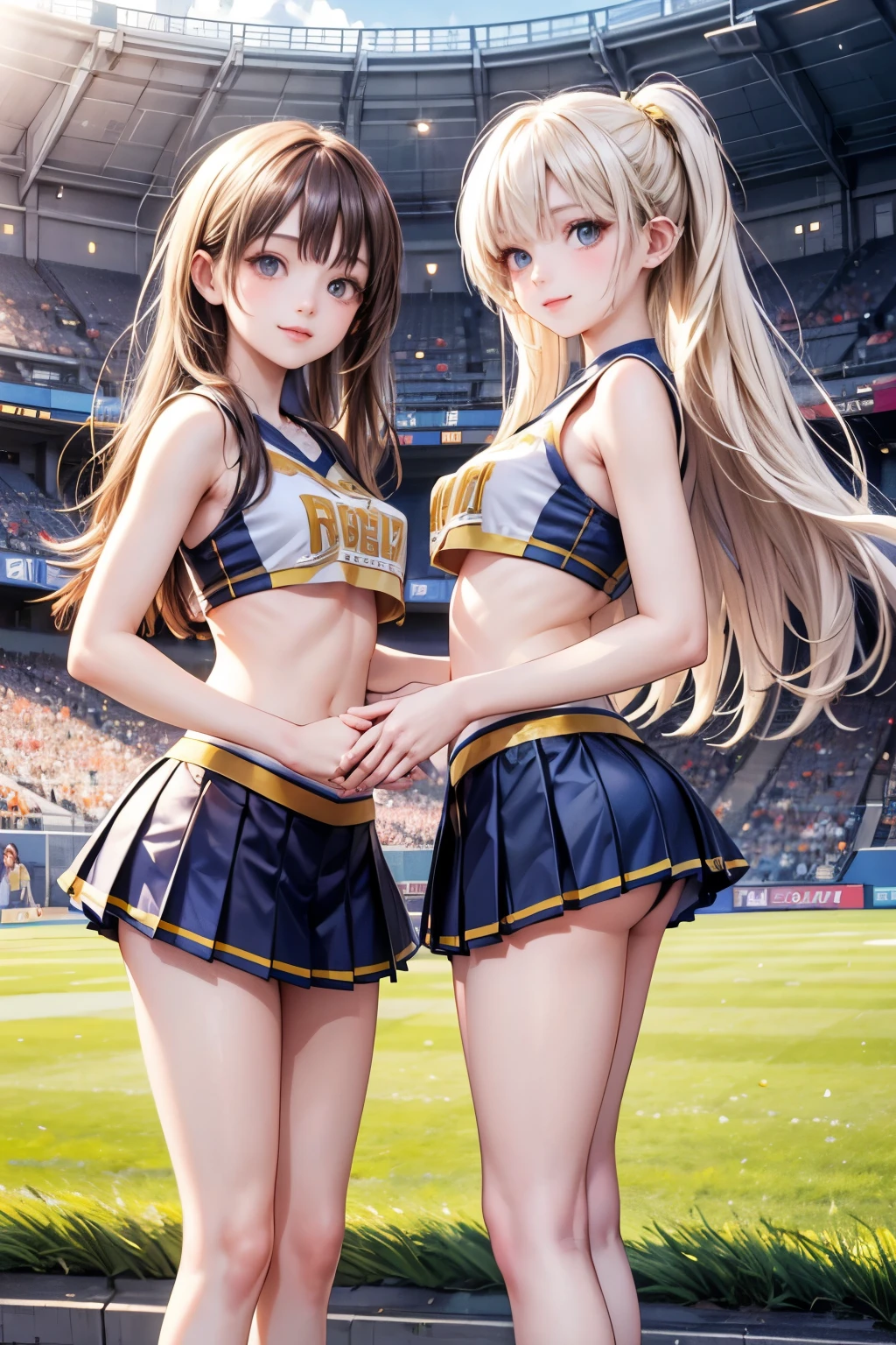 2 BEAUTIFUL GRILS, beautiful face, blonde long straight hair breasts from behind, both dressed as cheerleaders