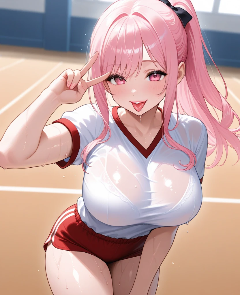 1 girl, game CG, see-through sleeveless blue gym uniform belly, button visible, short white skirt, hair ribbon, gigantic breasts, pink hair, long hair, straight hair, ahoge, pink eyes, outdoor, run, sweat,