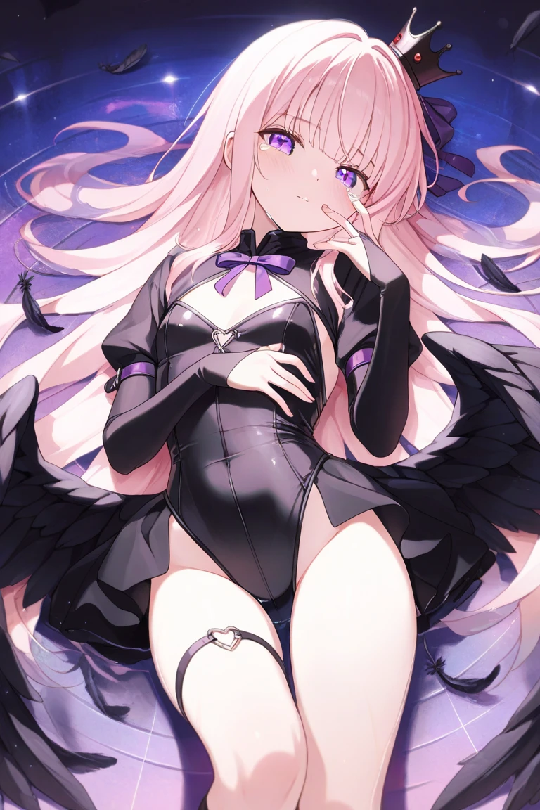 <lora:ruru.XL_v1.3.1:1>best quality, 1girl, solo, gloves, very long hair, long hair, purple hair, leotard, wings, looking at viewer, purple eyes, white gloves, twintails, breasts, small breasts, frills, thigh strap, strapless, bare shoulders, ribbon, cowboy shot, hair ribbon, symbol-shaped pupils, armpits, demon wings, bangs, hair between eyes, detached collar, highleg leotard, blush, black ribbon