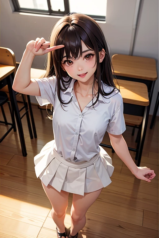 (RAW Photos:1.2), (Realistic), Beautiful detailed girl, Very detailedな目と顔, Narrow and beautiful eyes, Large file size, High resolution, Very detailed, highest quality, [Tabletop:1.6], shape, Very detailed, The finer details, highest quality, 8k wallpaper, Cinema Lighting, One female teacher and several Japanese female students, Attending class in underwear, School classroom, Their white bras are visible.., White panties are visible,  Young Face, Slender body, Small breasts, Exposed underwear, School classroomで授業中, desks are lined up, barely