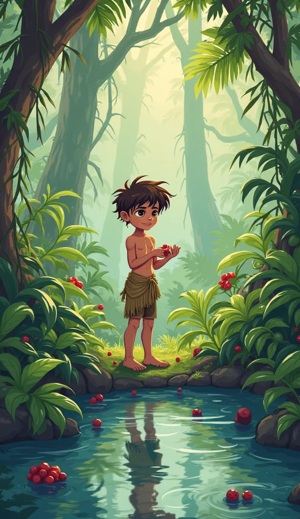 make a cartoon style indigenous boy hiding in a small cave at night