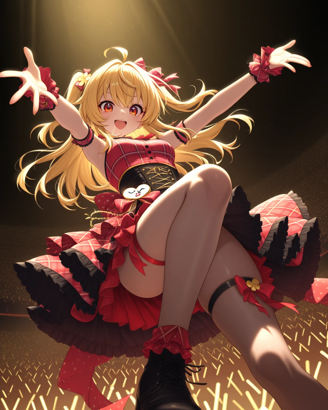 1girl, {{{{tsurumaki kokoro}}}}, {{{bang dream!}}}, gold hair, twin tails, gold eyes, bangs, medium breasts, looking at viewer, cowboy shot, smile, happy, [open mouth],