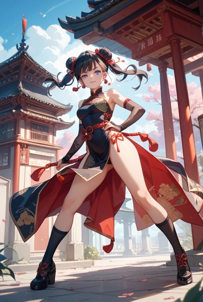 (masterpiece、最高quality、最高quality、Official Art、Beautiful and beautiful:1.2)、(One girl:1.3)Hatsune Miku、Twin tails,Big Breasts,quality\(8k,非常に精細なCGユニットのwallpaper, masterpiece,High resolution,top-quality,top-quality real texture skin,Surreal,Increase the resolution,RAW Photos,最高quality,Very detailed,wallpaper,Cinema Lighting,Ray-tracing,Golden Ratio\), break ,alone,1 Female\(cute,cute,Small ,Hair is floating,Hair color is dark red,Braided twin bun hairstyle,Eye color is dark red,Big eyes,Red Chinese Dress,chest,Combat Stance\(kung-fu style\),Dynamic Angle,Long Shot,whole body,Dust cloud caused by stamping,Angry face,chestの谷間\),background\(outside,Classical Chinese Temple\),[Browsing Caution:2.0],Long Shot