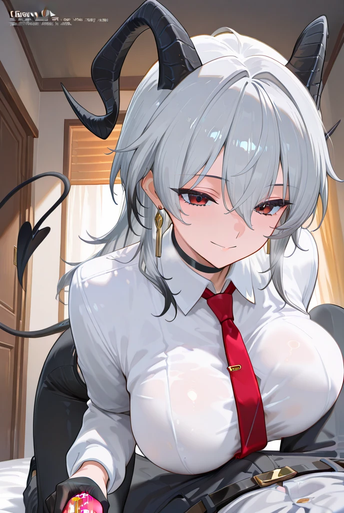 anime girl in dark dresses standing by a door, in the style of devilcore, white and red, 8k, dignified poses, gigantic scale, mischievous feline motif, oshare kei