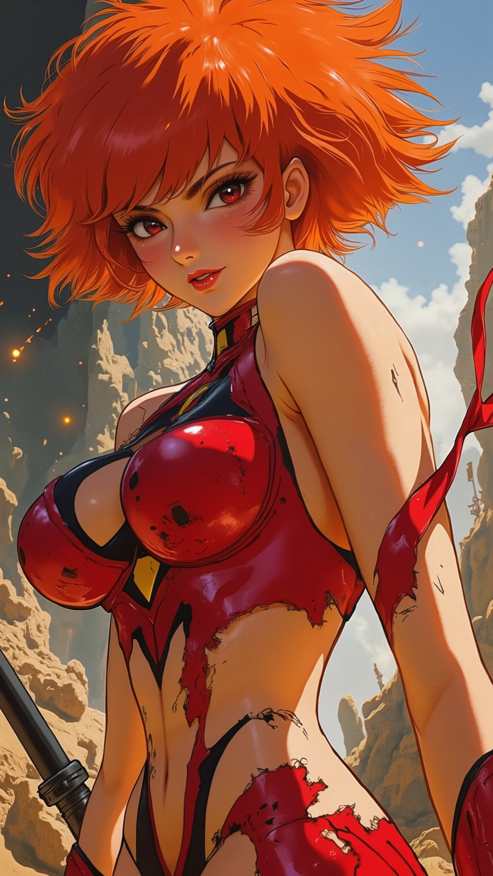 Beautiful princess, completely naked, from the back, full-bodied, fit, big, round, perky breasts, thin waist, ripped belly, thick legs, big ass, medium-sized sword grip, short orange hair, well-detailed face, bright colors , dramatic colors, vaporwave