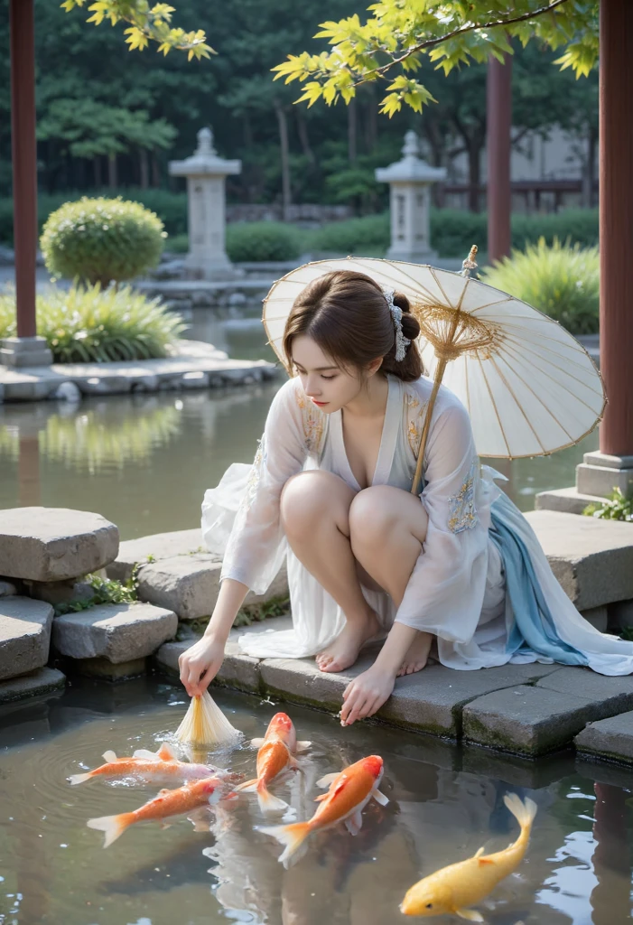 huaniao, [(white background:1.5)::5], mid shot, full body, chinese style, flowers,((fish)),stone fragment, beautiful detailed water,pool,