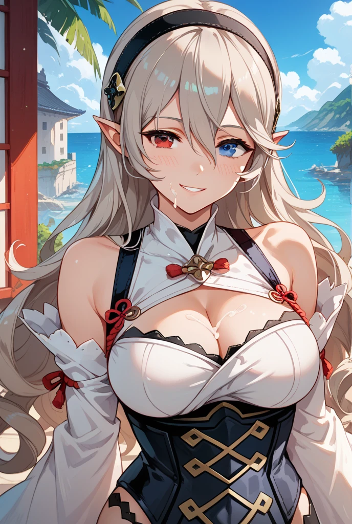(tanned elf girl), (huge breasts:1.2), (mexican poncho:1.2), (doll salute)