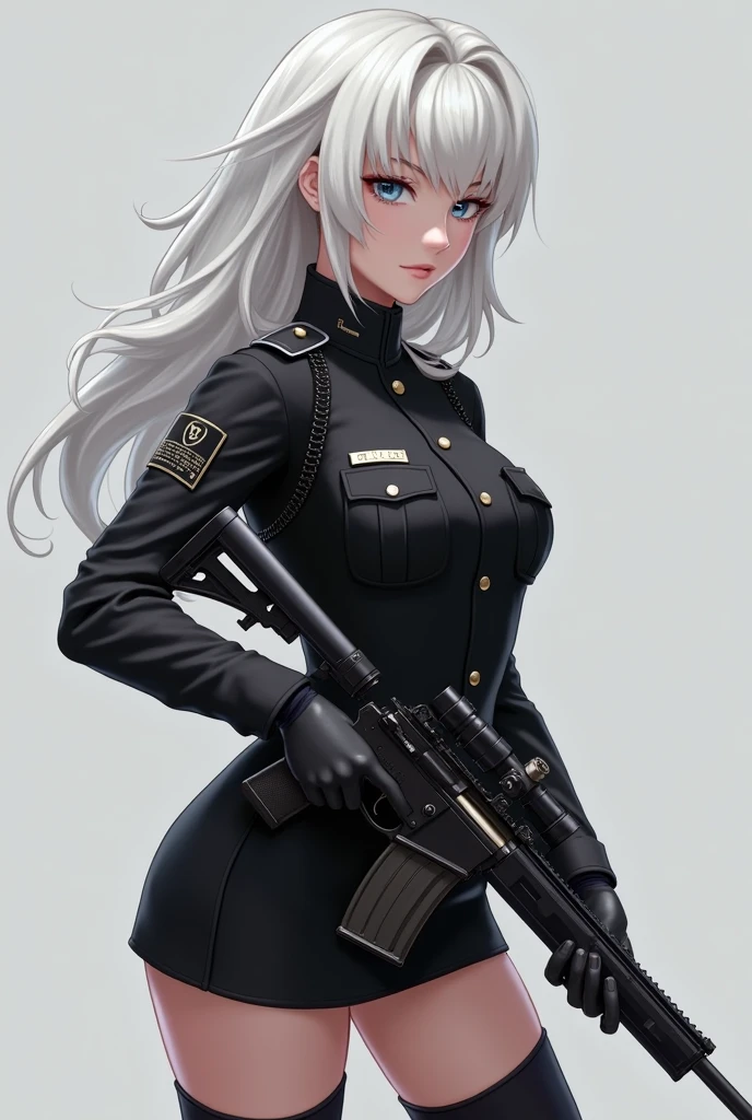 (Highest resolution, distinct_image) Top quality, woman, masterpiece, perfect beauty, high detail, frontal, upright, semi-realistic, silver mesh, short hair, silver mesh hair, bangs, 21 years old, mature, young, military uniform, courtesy attire, black uniform, black hat, first courtesy, staring at the viewer with cold eyes , low angle, escort mechanized soldier holding weapon behind