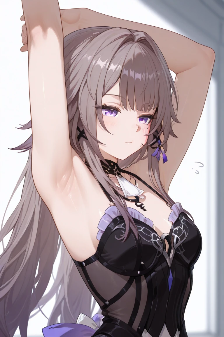 A woman is standing on the floor wearing a gothic ta dress, alone, panties, underwear, skirt, (shiny dark purple satin panties:1.3)、panties that cover the butt、garter belt, Liar, Thighhighs, skirt lift, think back, realistic,cute anime girl,Ideal Style,open leg,focus on butt,crawl on all fours,Highest image quality,Turn around with a serious face,long silver hair ,Lace see-through fabric,(butt crack:1.4) , gigantic butt