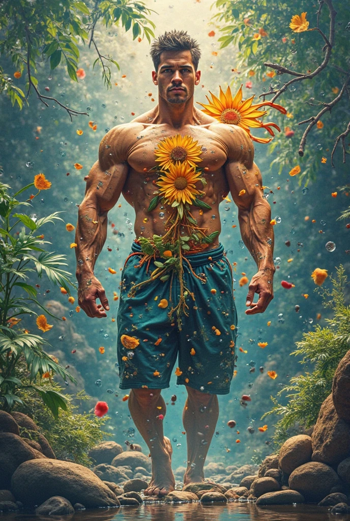 A strong, manly, naked man in an explosion of rainbow-colored translucent lilies, ((strong and muscular body, realistic)),Rendered by Octane,Unreal Engine,Rococo Paper Cut,Green and White Watercolor