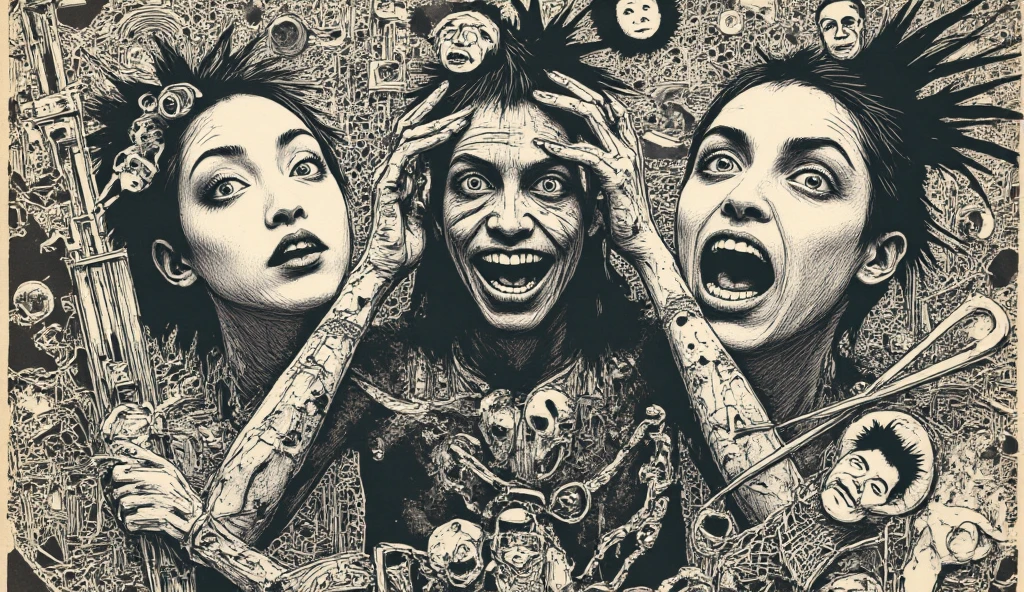 kimjunggi style, kimjunggis style, sketch of a queen of skulls, with various skulls, complex backdrop, art by artgerm and greg rutkowski, underground comic