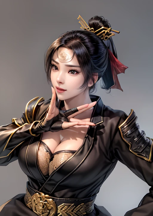 ((Highest quality)), ((masterpiece)), Simple Background,(Very intricate details), 1 person,Woman close up,20-year-old,ponytail,Long Hair,((logic)),Bikini Armor,Zippered top with an open chest,Pleated skirt,European,Cleavage,Ample breasts,(((Big Breasts))),Fantasy,anime,Simple Background,Gauntlet,Waist Armor,Warrior