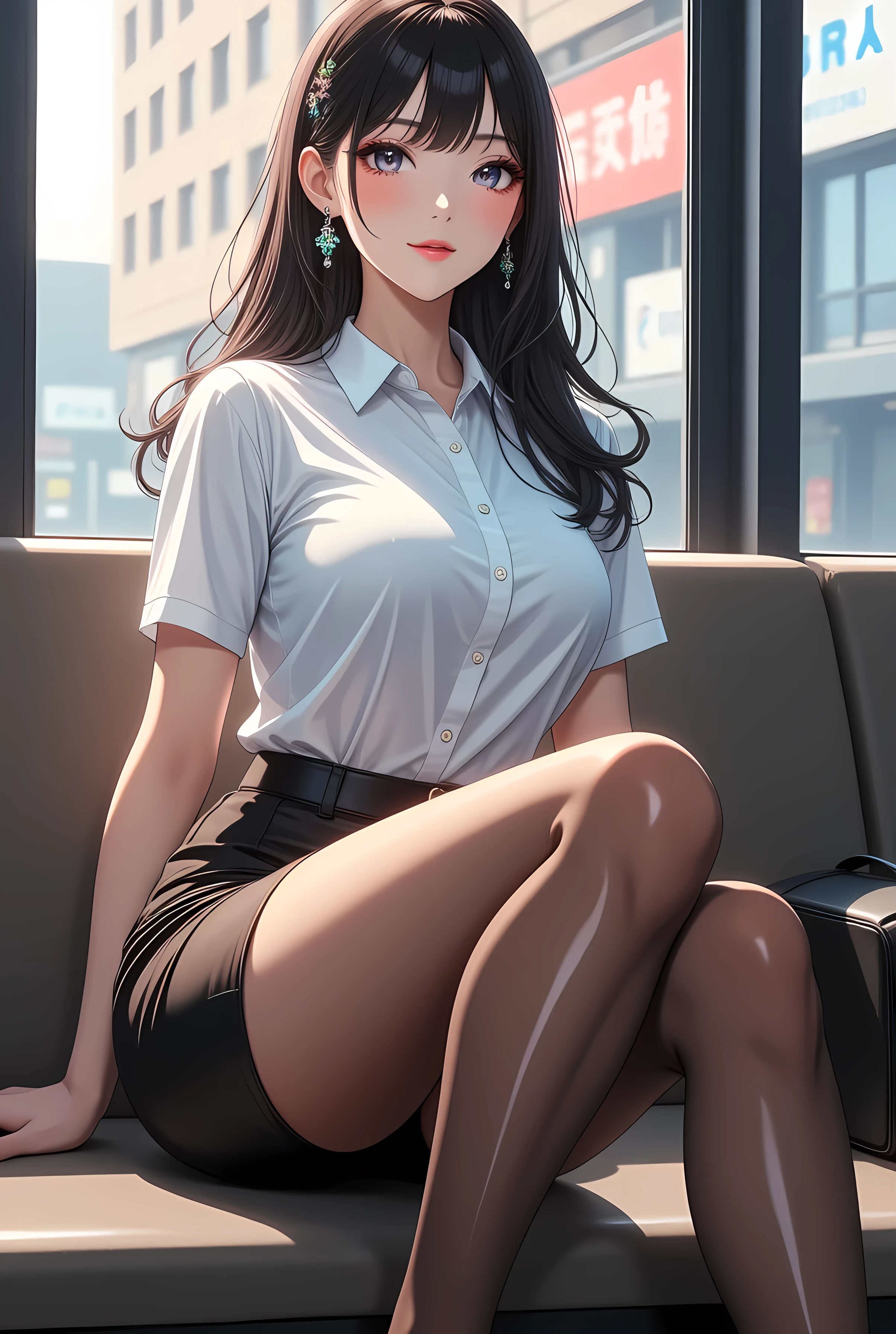 ( photorealism :1.2)、 full body image 、Sexy brown pantyhose, beautiful日本のモデル、39; thick legs、 female 、39; office worker uniform 、 black high heels 、smile、 bench、 open your legs slightly 。 super realistic brown pantyhose, perfect two legs sitting apart 、 beautiful手足、 Ultra Realistic Skin Texture、 beautiful、radiant skin。Beautiful brilliant and realistic brown pantyhose , A female bank employee wearing brown pantyhose sitting next to me is sitting with brown pantyhose。