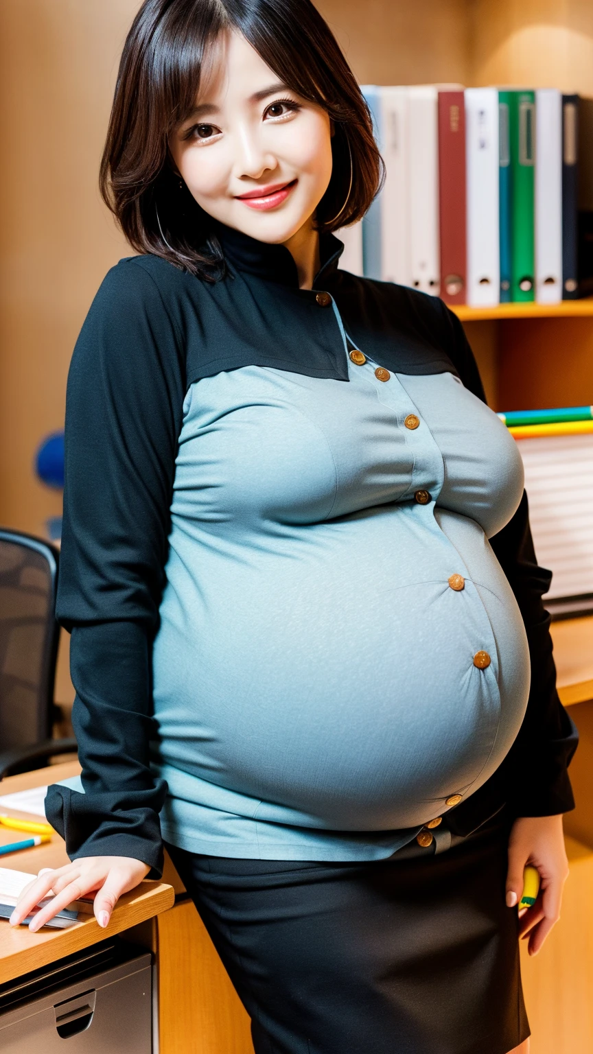 ((highest quality, 8k, masterpiece, Portraiture: 1.3)), (Looking at the audience), (Full Shot:0.85), Attractive business mature woman, ((pregnant)), 1 person, Slightly thicker:0.４,Light brown medium hair、 ((Cherry-coloured collared shirt)), Grey tight skirt,((Big  1.6)) (Large pelvis:0.9), ((Are standing)), conference room、,Good posture、Afternoon H-stab insertion conference room、Bright room、((A gentle smile))、A gaze that seduces viewers、
