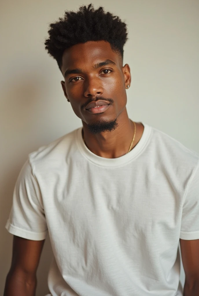Attractive Black man, late 20’s, grey eyes, short hair, mustache, wearing black t-shirt.