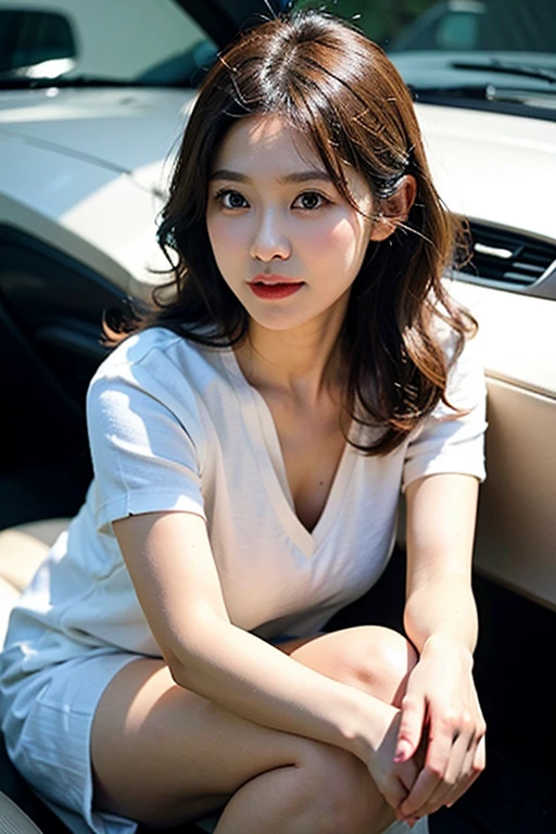 Top quality, Masterpiece, Super high res,(Photorealistic:1.4), Highly detailed, Professional lighting smile, Masterpiece, Top quality, Highly detailed, Octane rendering, Superior,(Japanese girl_woman:1.1), Japanese girl, Woman sitting in automobile, taking picture from distance, taking picture from distance, Uniform on upper body, Woman sitting in car, car door wide open, showing cunt from inside car, pubic hair black, legs spread wide, crouching, female genitalia exposed