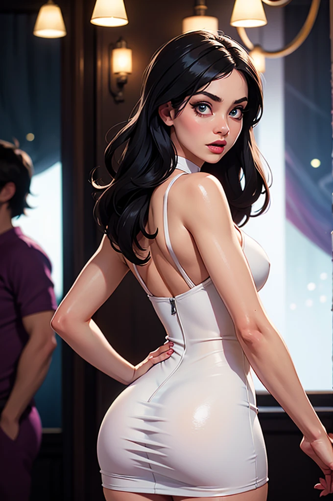 (risógrafo)  (parte maestra, mejor calidad) ( 1 chica, solo ) (cuerpo entero) blanca Nieves, (escote) (bragas blancas) estilo Disney moderno, estilo de dibujos animados, Arco rojo, ojos azules, pelo negro corto, belleza de pechos grandes、bikini de hilo azul、 afuera、mejillas rojas、piernas M pose、sin manta, In high quality work using a risograph., apresenta-se uma expressiva blanca Nieves no estilo moderno da Disney. la joven esta sola, cuerpo entero, com um vestido adornado com um Arco rojo. Seus ojos azules contrastam com o pelo negro corto. La pieza resalta la belleza natural., no explicit details. La pose es elegante, com destaque para a escote e as bochechas coradas, Transmitir la esencia encantadora del personaje..