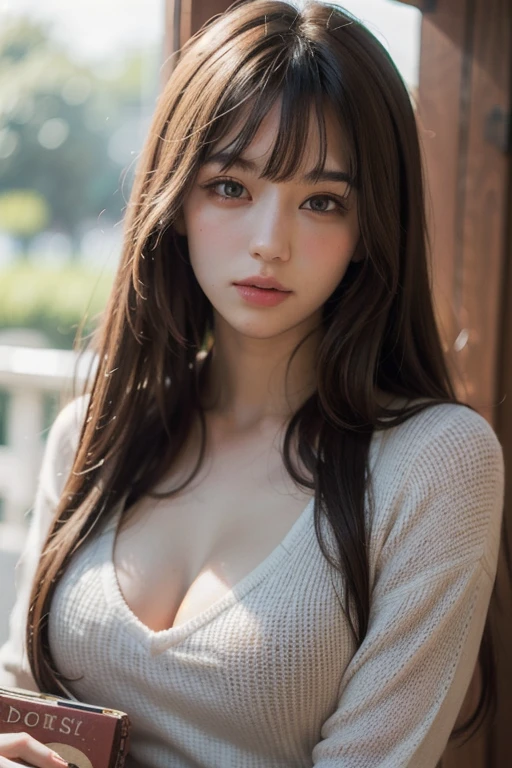 (a beautiful girl with rabbit ears), long messy brown hair, head tilted, (best quality,4k,8k,highres,masterpiece:1.2),ultra-detailed,(realistic,photorealistic,photo-realistic:1.37),intricate, detailed portrait,8K,((masterpiece)), ((best quality)), (ultra-detailed), High detail, professional photograph, highest quality, floating hair, beautiful detailed, (((realistic))), hyper realistic character,natural lighting ,beautiful detailed eyes,1girl, solo,blunt bangs, realistic, ((Tight black off the shoulder so tight that it sticks to the body)),(big tits)