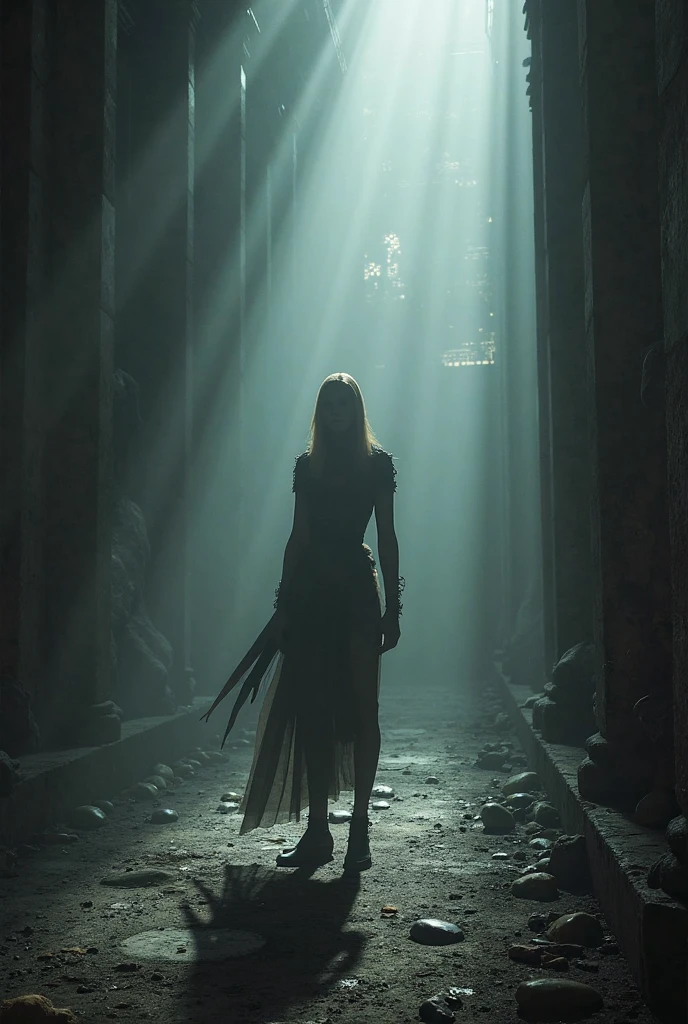 Blonde woman with one green eye and one blue eye walking powerfully with a powerful shining sword in her hand.  O sol resplandecia sobre ela, with the other hand she manipulated shadows as if they were several tentacles

