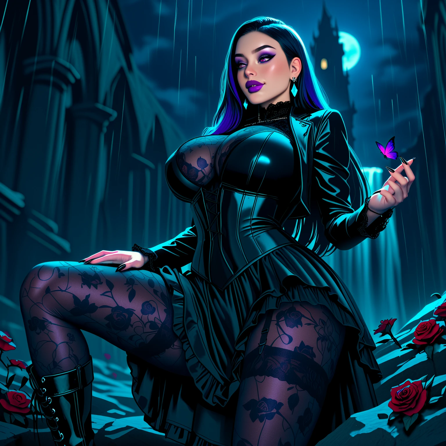 8k, best quality, beautiful thick adult woman, dark purple hair in a long bob style, large breasts, large plush ass, soft, athletic, fit, thicc, pale white skin, soft thick thighs, hazel eyes, extra thicc, purple slime, beautiful, yearning, horny, goth, hdr, flirty, lip bite, black goth eyeliner, squishy, purple sweat, shoulder length hair, hazel eyes, bliss, matte black lipstick, black skimpy sling swimsuit, emo, black thong, purple ooze, ethereal plane, lust, jacuzzi, steamy, bikini, yearning, lip bite, outdoors, night, full moon