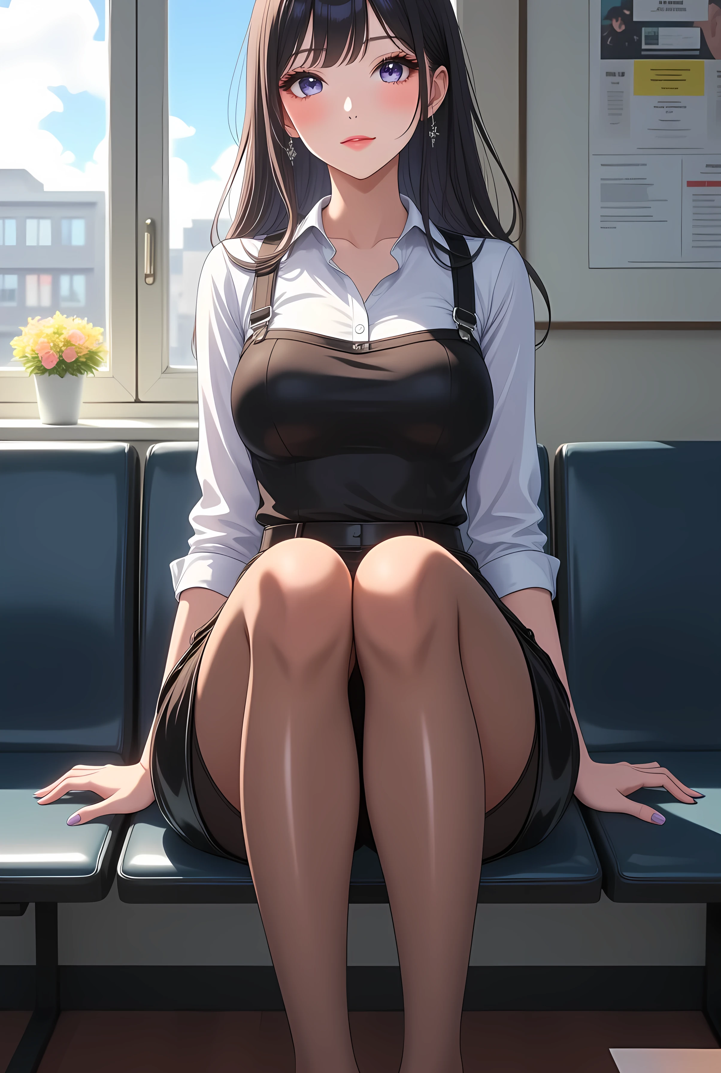 8K, detailed, anime, smooth anime CG art, masterpiece, high quality, highres, best quality, highres, 1girl, disheveled hair, illustration, focus on face, simple background, long hair, socks, black hair, hair between eyes, calm, dress shirt, long bangs, tied hair, braided hair, dominant eyes, ribbons in hair, crimson red eyes, large breasts, breasts, perfect face, perfect legs, no pants, full lips, add_detail:-3