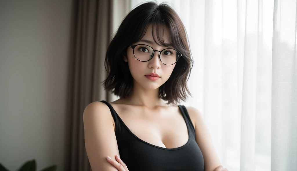8k, Highest quality, masterpiece, Realistic, Photorealistic, Very detailed, Natural light, Shapely breasts, I can see her cleavage, 1 person, 15 year old female, Black Hair, short hair, Straight hair, Silver-rimmed glasses, ((look into the viewer'Eyes)), meanwhile, Emerald green knitted V-neck shirt, Very detailed顔と肌, Detailed eyes, Very detailed顔と肌,(((Sexy see-through lingerie for women,Shiny bodysuit,Smooth and silky clothing,Trimmed combination,Lace Stockings,Erotic leash,pajamas))),