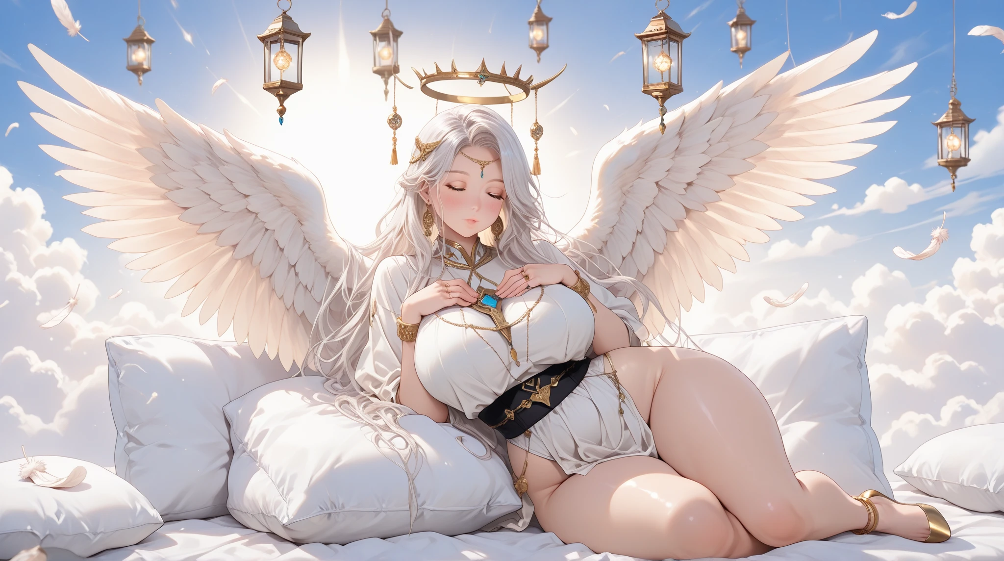 cleavage:1.5,((blonde hair)), ((long hair)), ((white corset)),((breastplate)), ((8K)), ((masterpiece)), ((wing)),((halo)),((big breast)),(()),((full body)), ((closed mouth)), ((closed eyes:1.3)),((1 girl)), ((detailed)), ((moody lighting)),((lying position))